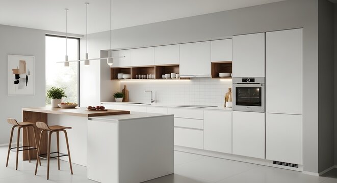 Modern minimalist kitchen design with white cabinets and island featuring stainless steel appliances