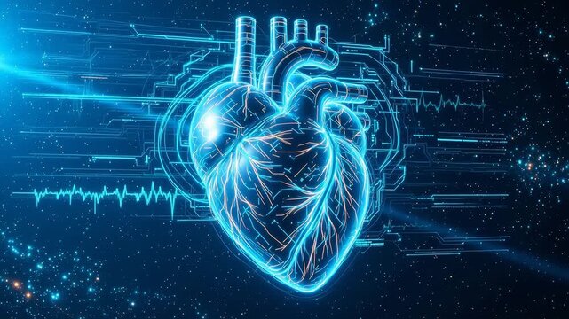 Digital heart with glowing lines symbolizing financial stability and economic growth