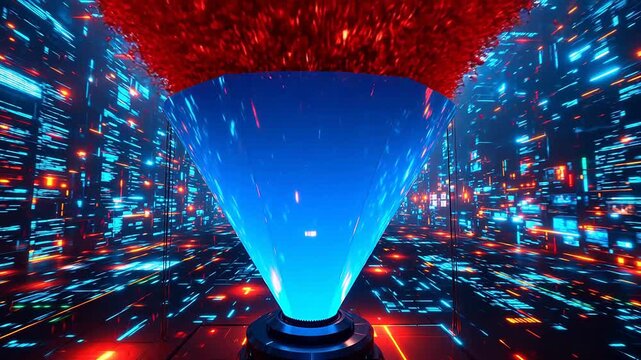 Futuristic digital vortex in a neon city ideal for cinematic storytelling and documentaries