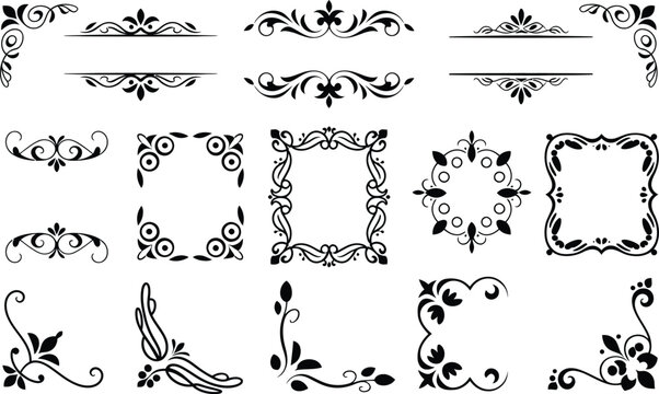 Set of black decorative frames and borders with floral motifs