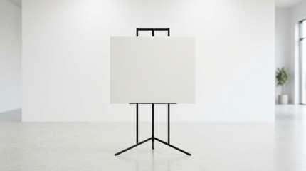 Fototapeta premium Empty rectangular canvas stretched on a sleek black metal stand, positioned in a bright neutral studio space with clean white walls, soft diffused overhead lighting creating subtle