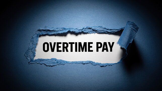 OVERTIME PAY phrase visible in a tear of a dark blue paper