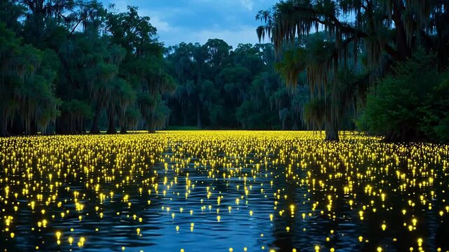 Lakeside glow of fireflies at dusk emphasizing health, wellness, and vitality