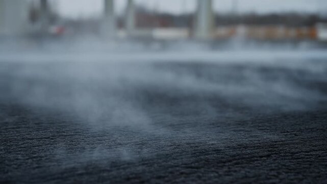 Slow motion tracking shot of steam rising and swirling from wet asphalt on urban waterfront at dawn