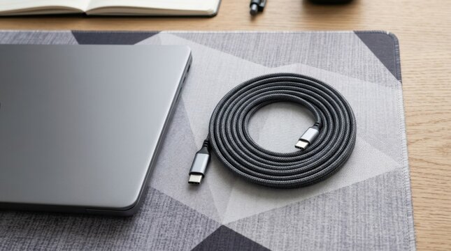 Overhead view of a tightly wrapped charging cable organized in a circular coil next to a modern laptop on a geometric patterned desktop mat, minimalist composition with clean lines