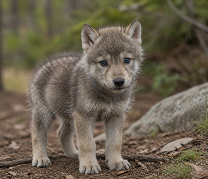A grey wolf pup in a forest