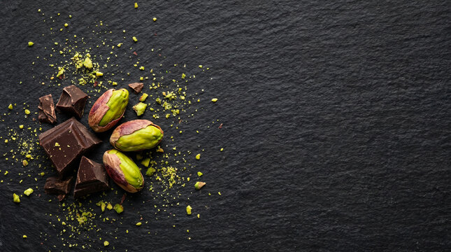 Dark chocolate and pistachios arranged on a black slate background  