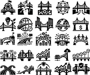 Naklejka premium Comprehensive bridge icon set featuring business connection, networking, global finance, teamwork, and technology concepts in black silhouette.