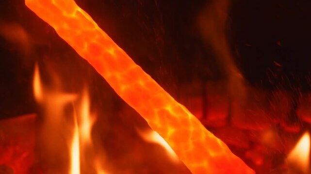 Slow tracking shot of glowing steel rod being heated and forged over roaring forge flames in workshop closeup