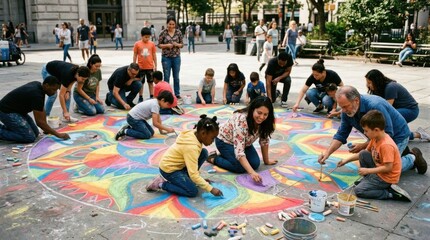 Urban plaza scene with diverse adults and children chalk-drawing a massive colorful circle on pavement, bent over with markers and brushes, vibrant rainbow hues filling the space,