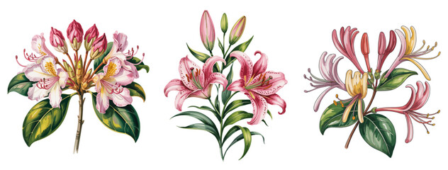 Obraz premium Three delicate floral arrangements bloom in soft pink and white hues. Each cluster showcases unique petal shapes and leaf structures. Green leaves frame the blossoms, adding natural contrast