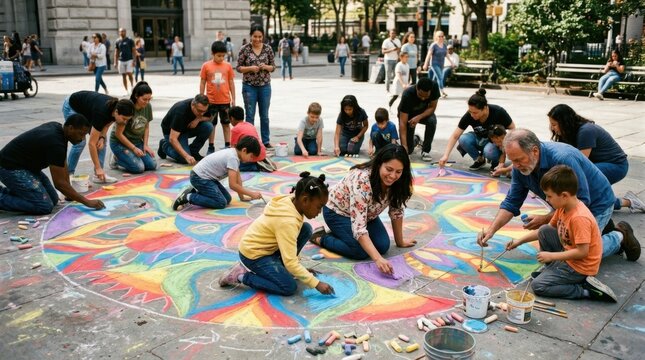 Urban plaza scene with diverse adults and children chalk-drawing a massive colorful circle on pavement, bent over with markers and brushes, vibrant rainbow hues filling the space,