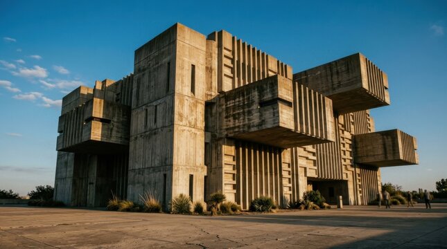 Brutalist concrete monument with massive cantilever sections extending outward, intricate pattern of horizontal and vertical concrete ribs creating visual rhythm, fortress-like