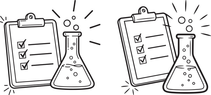 Two scientific illustrations of clipboards with checkboxes and bubbling test tubes test tube science and technology research and development