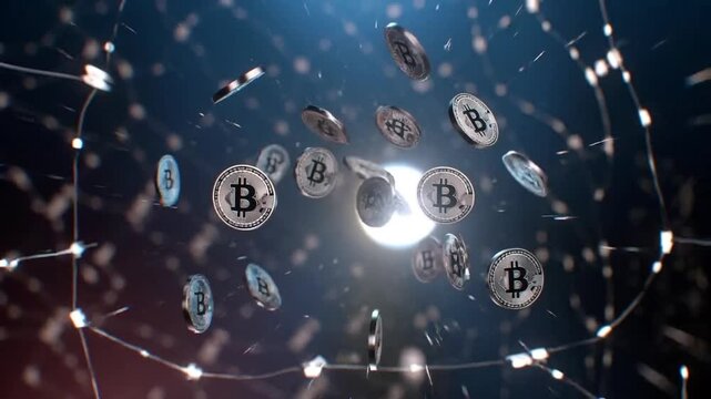 Bitcoin Cosmos: A luminous digital depiction of the cryptocurrency Bitcoin, with coins in dynamic motion. A visual narrative of decentralized finance and the digital economy.