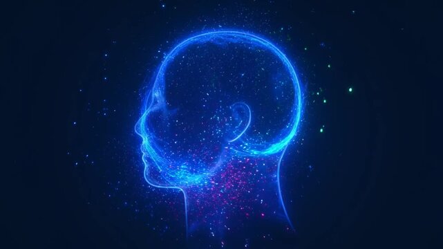 Digital Mindscape: A digital rendering of a human head, showcasing the intricate connections of the brain through a network of illuminated particles, symbolizing the power of the human intellect.