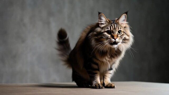 Maine Coon Cat Portrait: A regal Maine Coon cat sits with majestic poise, showcasing its lush fur and captivating gaze in a studio setting. 