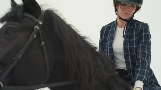 Female rider with black horse portrait, intimate stable closeup, helmeted rider smiling softly, bridle and mane details, neutral sky backdrop, gentle bond and trust, equine care undertones