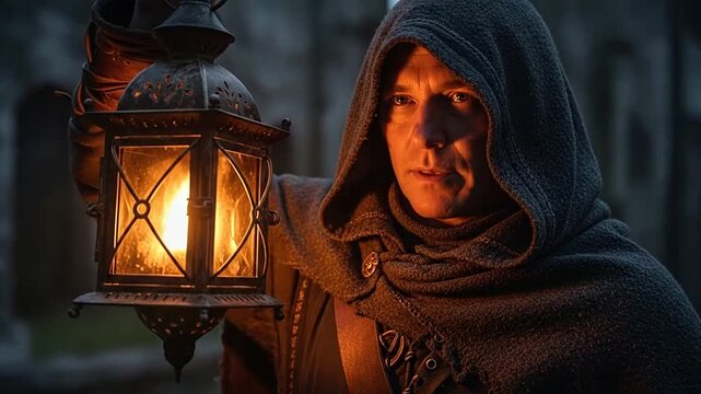 Medieval man in hooded cloak holding lantern.