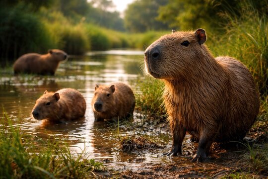 Big adult copybara with brown orange hair swimming in the river with green grass background. Animal in wildlife in forest jungle of South America, Brazil. Biggest rodent in the world.