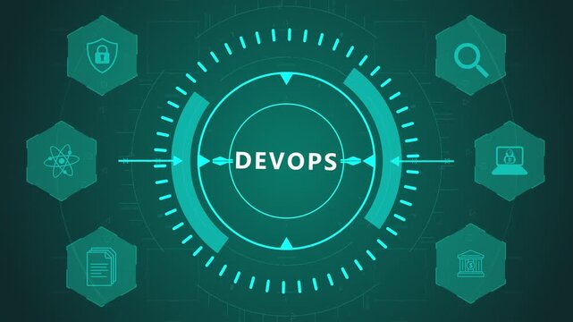 DevOps Engineering Workflow Interface with Circular HUD System and Automation Icons on Dark Digital Background Featuring Continuous Integration Process