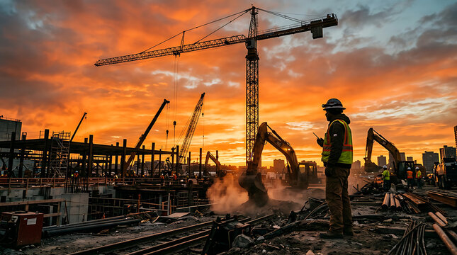 Construction site at sunset with cranes and excavators