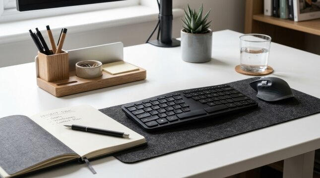 Close-up detail of modern office supplies arranged on white desktop, ergonomic keyboard, wireless mouse, minimalist desk organizer, glass of water and notebook, soft diffused