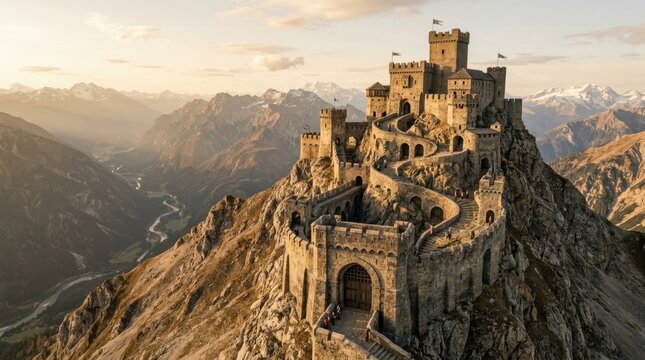 Medieval mountain stronghold rising from barren rocky terrain, fortified gates and archways carved directly into mountain stone, defensive structures layered up impossible slopes,