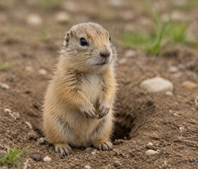 Fototapeta premium A baby prairie dog coming out a hole in a field