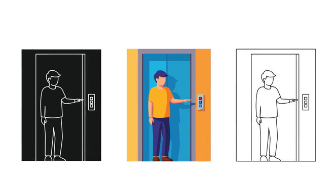 Man pressing elevator button vector illustration set for design projects and transportation concepts.