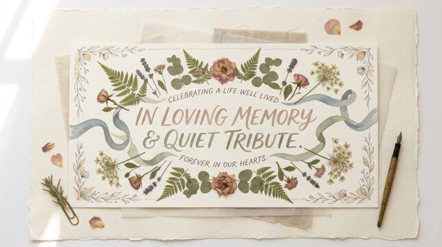 Memorial banner design featuring watercolor-style typography with flowing ribbons and pressed flowers arranged symmetrically, soft cream background with layered translucent paper