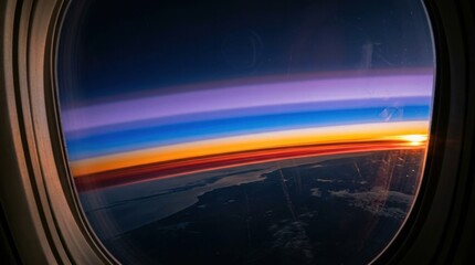 Fototapeta premium Stunning aerial view of sunset through airplane window with vibrant colors.