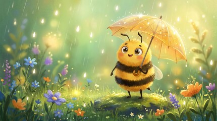 Fototapeta premium Cute cartoon bee with umbrella in flower blooming meadow, spring summer time. World Bee Day or ecology environmental protection concept illustration, anime manga aesthetic style 3d digital fantasy art