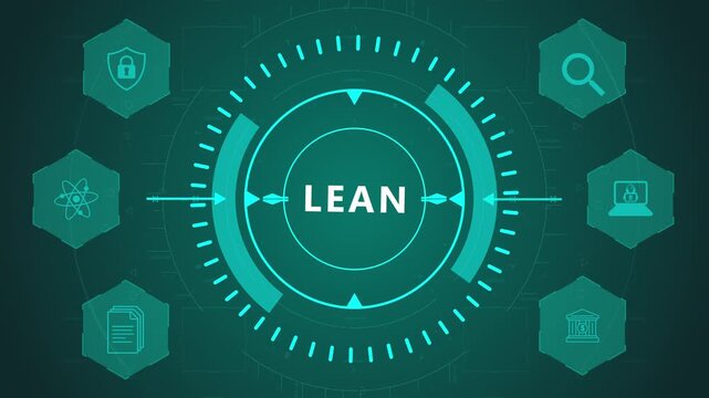 Lean Management Process Interface with Circular Workflow HUD and Efficiency Icons on Dark Digital Background Showing Continuous Improvement System