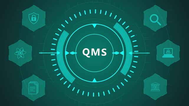 QMS Quality Management System Interface with Circular Compliance HUD and Process Control Icons on Dark Digital Background Showing Organizational Standards Flow