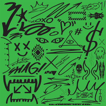 hiphop street art graffiti tag doodle set for tshirt design template, 2d illustration vector, icon logo collection