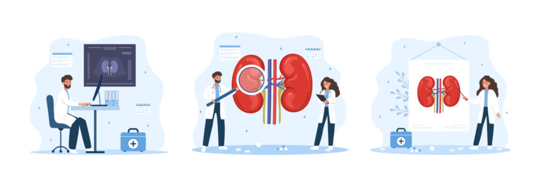Kidney diseases set. Nephrolithiasis diagnosis and treatment. Vector illustration in flat cartoon style.