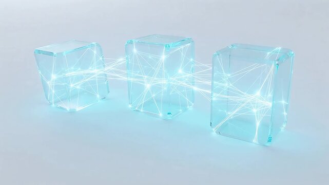 Three transparent cubes connected by network lines ideal for cinematic storytelling and documentaries