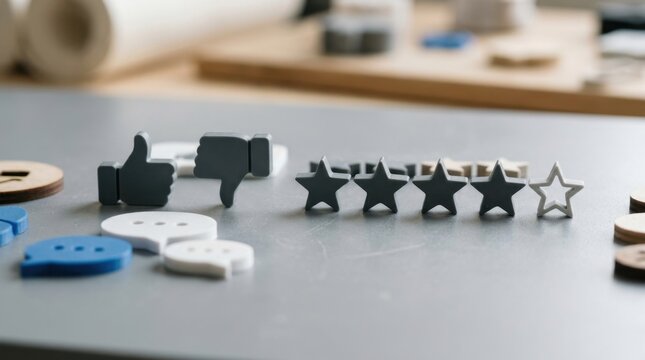 A close-up arrangement of tactile feedback symbols made from matte materials, including star ratings, like and dislike icons, and chat bubbles placed on a smooth surface, soft