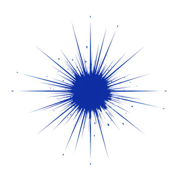 A vibrant ultramarine blue ink splatter with radiating sharp streaks and fine droplets against a transparent background, in a dynamic vector illustration, depicting an explosive burst