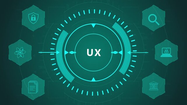 UX User Experience Design Interface with Circular HUD System and Interaction Icons on Dark Digital Background Showing Usability and Interface Flow