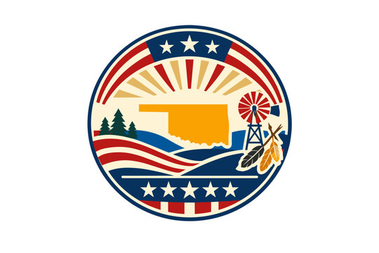 Oklahoma State Emblem for 250 Years of American Freedom Celebration. Featuring a yellow state map, windmill, pine trees, and Native American feathers with red, white, and blue flag elements.