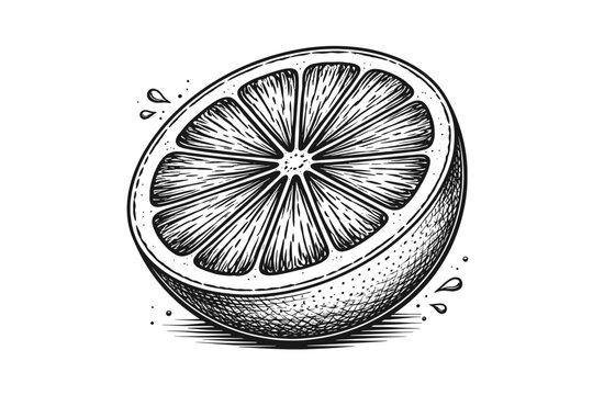 Hand-drawn vintage engraving of a fresh orange slice, detailed citrus fruit half illustration with woodcut texture, ideal for organic food labels, healthy juice packaging, and botanical art.