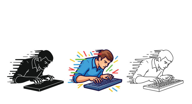 Focused young man quickly typing on a computer keyboard in this colorful vector graphic design illustration