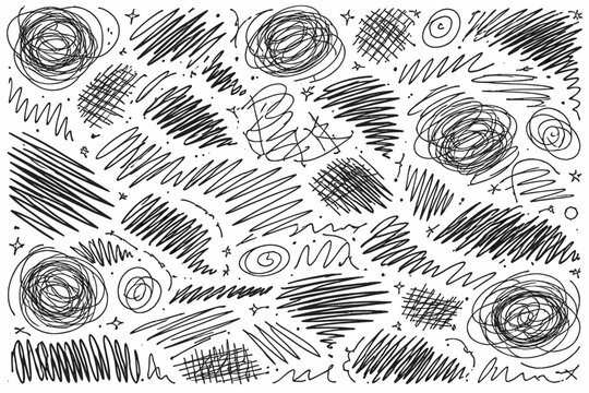 Abstract Hand Drawn Black and White Vector Pattern of Chaotic Pencil Scribbles, Messy Lines, Tangles, and Artistic Doodles. Background Template for Creative Design, Sketchy Textures, and Art.