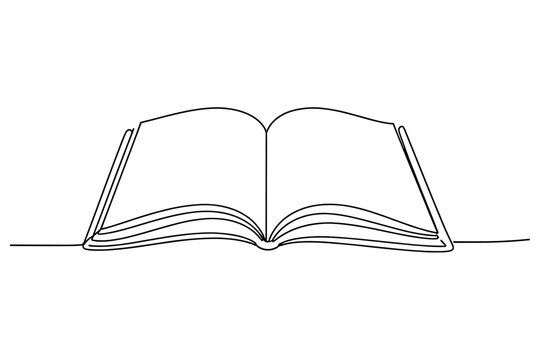 Continuous line drawing of an open book with blank pages, minimalist black line art vector illustration for education, reading, literature, and knowledge concepts, isolated on white background.