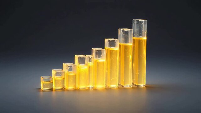 Glass containers with yellow liquid in ascending size symbolizing creativity, art, and imagination