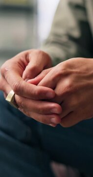 Mental health, thinking or hands in home with nerves, anxiety trigger or memory of past trauma. Stress, flashback or male person in house with overthinking, fear or tension in emotional thoughts.