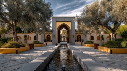 Fototapeta premium Serene Garden Entrance with Symmetrical Layout and Water Channel Feature