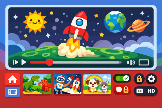 Kid-friendly video player interface with colorful UI design, space rocket animation, and educational content thumbnails featuring dinosaurs and animals. Vibrant cartoon vector for mobile apps.